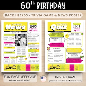 60th Birthday News Poster and Trivia Game contains news & highlights from 1965 the Year they were born, Fun Personalized Gift for Him or Her