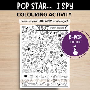 Pagina da colorare K-POP I-SPY, attività divertente da stampare per gli ARMY, attività digitale per biglietti di auguri di compleanno per i fan, intrattenimento per ritrovi tra amici