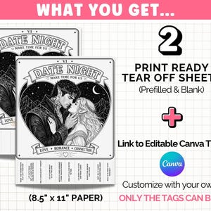 The images says - What you get and shows a photo of two print ready tear off sheets.  One prefilled with ideas and the other blank to be filled in by the buyer.  There is also a note saying buyers will be given a link to a Canva template they can edit with their own ideas.  Only the tags can be edited.  The fantasy booktok image cannot.