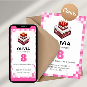 Gamer Girls Birthday Party Invitation, Mining Style Video Game Party Theme, Level Up Tween Daughter Birthday Invitation Template (Canva)