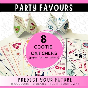 Cootie Catcher Party Favour Pack - Set di 8 cartomanti colorati. Feste per bambini, pigiama party, sciocchezze scolastiche. Cartomanzia divertente.