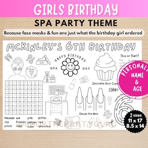 Personalisierte Spa Day Geburtstagsaktivitätsseite, anpassbare Farbmatte, Spa Partybevorzugung / Beutebeutelfüller, Pyjama-Party-Aktivität, E-Karte