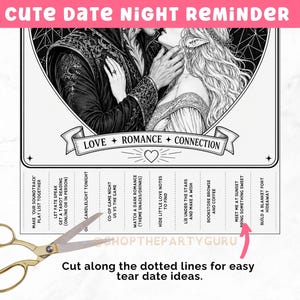 The graphic says cute date night reminder.  And shows the date night tear off sheet with a pair of scissors and explains how to cut for easy ripping.