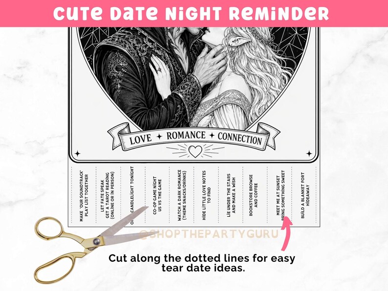 The graphic says cute date night reminder.  And shows the date night tear off sheet with a pair of scissors and explains how to cut for easy ripping.