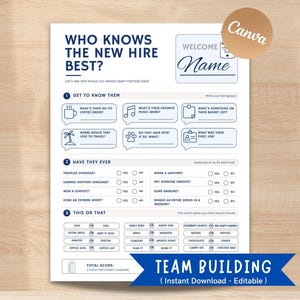 May include: A white printable team building game sheet with dark blue text titled Who Knows The New Hire Best. The document includes sections for Get To Know Them, Have They Ever, and This Or That with various icons and checkboxes.