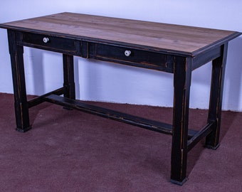 Table antique en pin avec tiroirs