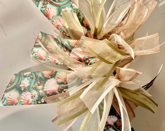 Handmade Sea Shells and Pearls Themed Ribbon Scrunchie/Hair Tie.