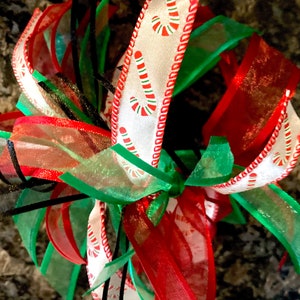 Candy Cane Christmas Ribbon Scrunchie for Her. Made with Candy Cane Wired Ribbon So It Can Be Styled to Your Preference.