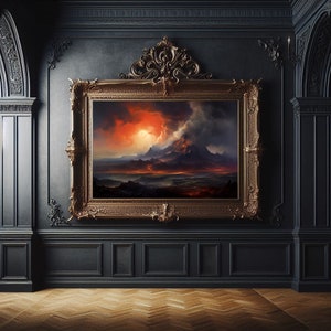 May include: A framed painting of a fiery landscape with a volcano erupting in the distance. The painting is set against a dark background and is framed in a gold ornate frame.