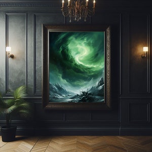 May include: A framed painting of a swirling green and white sky over a snowy landscape. The painting is in a dark wood frame and is hanging on a dark wall.