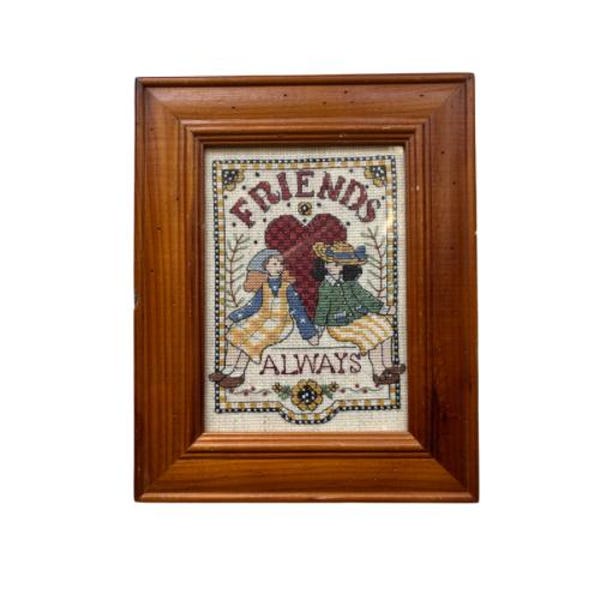 Vintage Cross Stitch Needlepoint “Friends Forever” Framed Picture, Cottagecore