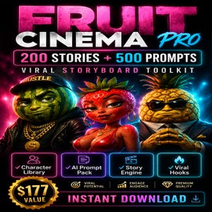 May include: A digital graphic titled FRUIT CINEMA PRO 200 STORIES + 500 PROMPTS VIRAL STORYBOARD TOOLKIT. It features three anthropomorphic fruit characters: a watermelon in a cap, a strawberry, and a pineapple in a suit with sunglasses.