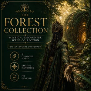 May include: A digital download titled The Forest Collection Mystical Encounter Scene Collection featuring a dark green background with gold text and icons. A figure in a dark green cloak and crown stands before a glowing arched forest path.