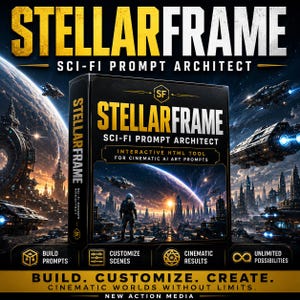 May include: A black rectangular box labeled STELLARFRAME SCI-FI PROMPT ARCHITECT, featuring an interactive HTML tool for cinematic AI art prompts. The box displays a futuristic cityscape, a space traveler, and spaceships, with text: BUILD. CUSTOMIZE. CREATE.