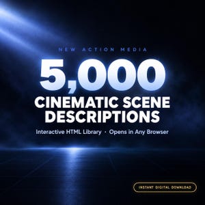 May include: A digital graphic featuring the text NEW ACTION MEDIA, 5,000 CINEMATIC SCENE DESCRIPTIONS, and Interactive HTML Library - Opens in Any Browser, set against a dark blue background with a bright light source and a digital download button.