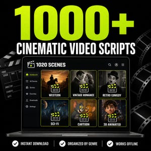 May include: A digital interface displaying 1000+ Cinematic Video Scripts with a dashboard featuring categories like Western, Vintage Romance, Retro Comedy, Sci-Fi, Cartoon, and 3D Animated. The screen shows a clapperboard icon and text.