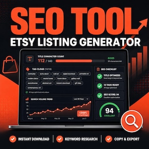 May include: A digital SEO tool interface for Etsy listing generation displayed on a laptop screen. The dashboard features a title character count, a tag cloud, an SEO checklist with green checkmarks, and a search volume trend graph showing a 248% increase.
