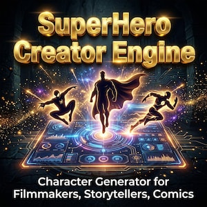 May include: A digital graphic titled SuperHero Creator Engine featuring three superhero silhouettes above a glowing, high-tech interface with data charts. Below, the text reads Character Generator for Filmmakers, Storytellers, Comics.