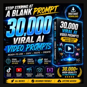 Op de afbeelding: Een digitale productadvertentie voor 30.000 Viral AI Video Prompts. De afbeelding bevat dikgedrukte blauwe en witte tekst, een 3D-doosmodel en iconen voor TikTok, YouTube Shorts en filmische video's. Het bevat labels voor directe download.