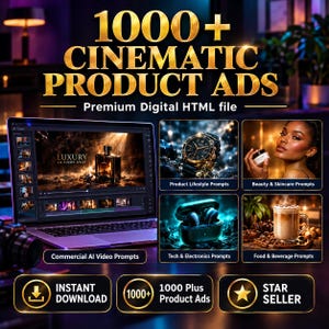May include: A digital product listing titled 1000+ CINEMATIC PRODUCT ADS Premium Digital HTML file. The image displays a laptop screen showing video editing software, alongside four smaller panels featuring prompts for watches, skincare, earbuds, and coffee.