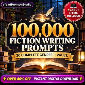 May include: A digital product graphic titled 100,000 FICTION WRITING PROMPTS, 30 COMPLETE GENRES. 1 VAULT. It features a glowing open book, a quill, and text indicating EXCEL + HTML INCLUDED and OVER 40% OFF - INSTANT DIGITAL DOWNLOAD.