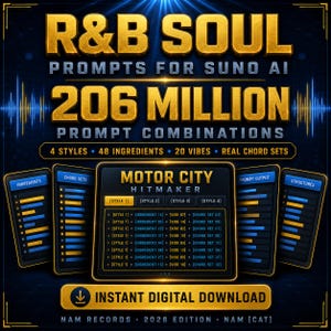 May include: A digital graphic titled R&B SOUL PROMPTS FOR SUNO AI 206 MILLION PROMPT COMBINATIONS. It features a central panel labelled MOTOR CITY HITMAKER with lists of styles, ingredients, vibes, and chord sets, flanked by four smaller digital screens.