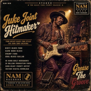 Può includere: Una copertina di album digitale intitolata Juke Joint Hitmaker che mostra un musicista con un cappello che suona una chitarra elettrica. Il testo include NAM Records, The Blues Funk Prompt Machine e quattro stili blues funk.