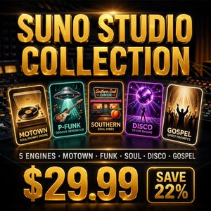 May include: A digital graphic titled SUNO STUDIO COLLECTION featuring five rectangular cards labelled Motown Soul Prompt Engine, P-Funk Groove Generator, Southern Soul Vibes, Disco Fever Engine, and Gospel Spirit Prompts, with a price of $29.99.