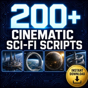 May include: A digital graphic featuring the text 200+ CINEMATIC SCI-FI SCRIPTS in bold white letters against a dark blue circuit board background. Four square images show futuristic space stations and planets, with a gold INSTANT DOWNLOAD badge.