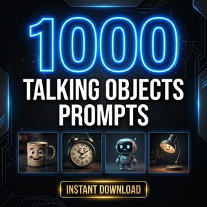 May include: A digital graphic featuring the text 1000 TALKING OBJECTS PROMPTS in bright blue neon lettering. Below, four square images show a smiling coffee mug, an alarm clock with a face, a small white robot, and a desk lamp with a face. INSTANT DOWNLOAD.