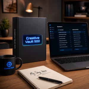Puede incluir: Una caja negra etiquetada como Creative Vault 500, una taza negra con un logotipo de objetivo azul y el texto Creative Vault, un portátil que muestra una interfaz de lluvia de ideas y un cuaderno de espiral con el texto My Story Ideas y un bolígrafo negro.