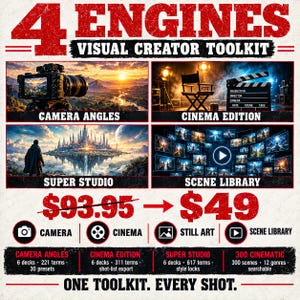 Pode incluir: Um produto digital intitulado 4 Engines Visual Creator Toolkit apresentando quatro seções: Camera Angles, Cinema Edition, Super Studio e Scene Library. Inclui ícones para câmera, cinema, arte estática e biblioteca de cenas.