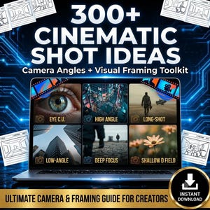 Pode incluir: Um guia digital intitulado 300+ Cinematic Shot Ideas Camera Angles + Visual Framing Toolkit exibido na tela de um laptop. A tela mostra seis exemplos fotográficos rotulados como Eye C.U., High Angle, Long-Shot, Low-Angle, Deep Focus e Shallow D Field.