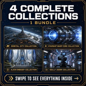 Puede incluir: Un gráfico de paquete digital titulado 4 COMPLETE COLLECTIONS 1 BUNDLE que presenta cuatro conjuntos de imágenes de ciencia ficción: Orbital City Collection, Starship Warp Core Collection, Alien Embassy Collection y Dolly Zoom Collection, con una indicación.