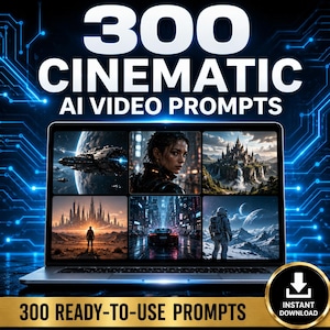 Op de afbeelding: Een laptopscherm met zes verschillende door AI gegenereerde afbeeldingen, waaronder een ruimteschip, een persoon, een kasteel, een silhouet, een auto en een astronaut. De tekst 300 CINEMATIC AI VIDEO PROMPTS en 300 READY-TO-USE PROMPTS is zichtbaar.