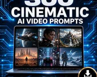 May include: A laptop screen displaying six distinct AI-generated images, including a spaceship, a person, a castle, a silhouette, a car, and an astronaut. The text 300 CINEMATIC AI VIDEO PROMPTS and 300 READY-TO-USE PROMPTS appears with an INSTANT DOWNLOAD icon.
