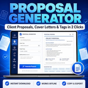 May include: A laptop screen displays the Proposal Generator software interface with input fields for client name, project type, and budget range, alongside a project proposal preview document featuring an executive summary and scope of work.