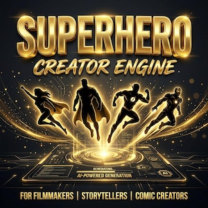 May include: A digital graphic titled SUPERHERO CREATOR ENGINE featuring four golden silhouettes of superheroes flying above a glowing technological platform with the text GENERATING... AI-POWERED GENERATION and FOR FILMMAKERS | STORYTELLERS | COMIC CREATORS.