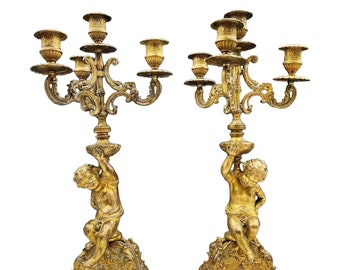 Pair (2) of 19th Century French Gilt Bronze Candelabras Style of Victor Raulin