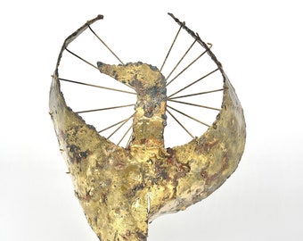 1970s Brutalist Metal Phoenix Bird Sculpture on Natural Stone