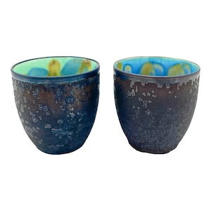 Pair of Studio Pottery Teacups Blue and Green Drip Glaze