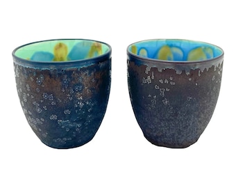 Pair of Studio Pottery Teacups Blue and Green Drip Glaze