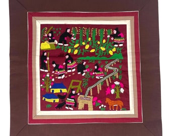 Laos Hmong Story Pillow Cover with Hand Embroidered Garden Scene
