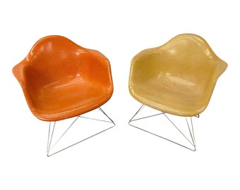 Pair (2) of Eames Lar Cat's Cradle Base Fiberglass Arm Shell Lounge Chairs 1960's