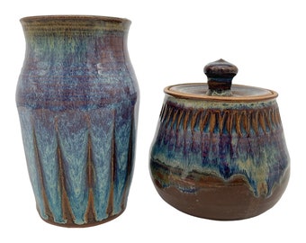 Pair of Minnesota Studio Pottery Vase and Lidded Pot Blue Glaze