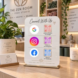 Anpassad akryl QR-kodsskylt med båge | Skrivbordsställ för att skanna och betala för salong, restaurang, bilspa, hotell, bröllopsevenemang och fastighetsmäklare