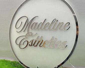 Custom Backlit Circle Sign with Your Business Logo, Logo 3D Silver Lettering Sign for Wall Illuminated Acrylic Business Logo Sign