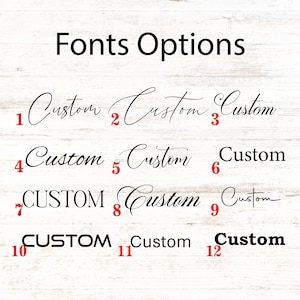 May include: Image showing "Fonts Options" in black text. Twelve font styles are displayed below, each numbered and labelled "Custom". The fonts vary in style, from elegant cursive to bold block letters, against a light wood grain background.