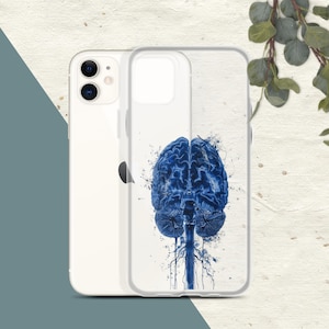May include: A clear phone case with a blue and white watercolor design of a human brain. The brain is depicted in anatomical detail, with the cerebral cortex, cerebellum, and brainstem visible.