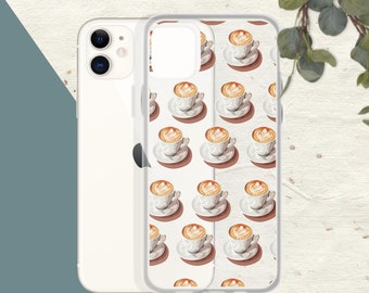 Aesthetic iPhone Case with Chic Cappuccino Cups Design, Clear Protective Cover, Unique Coffee Lover Gift